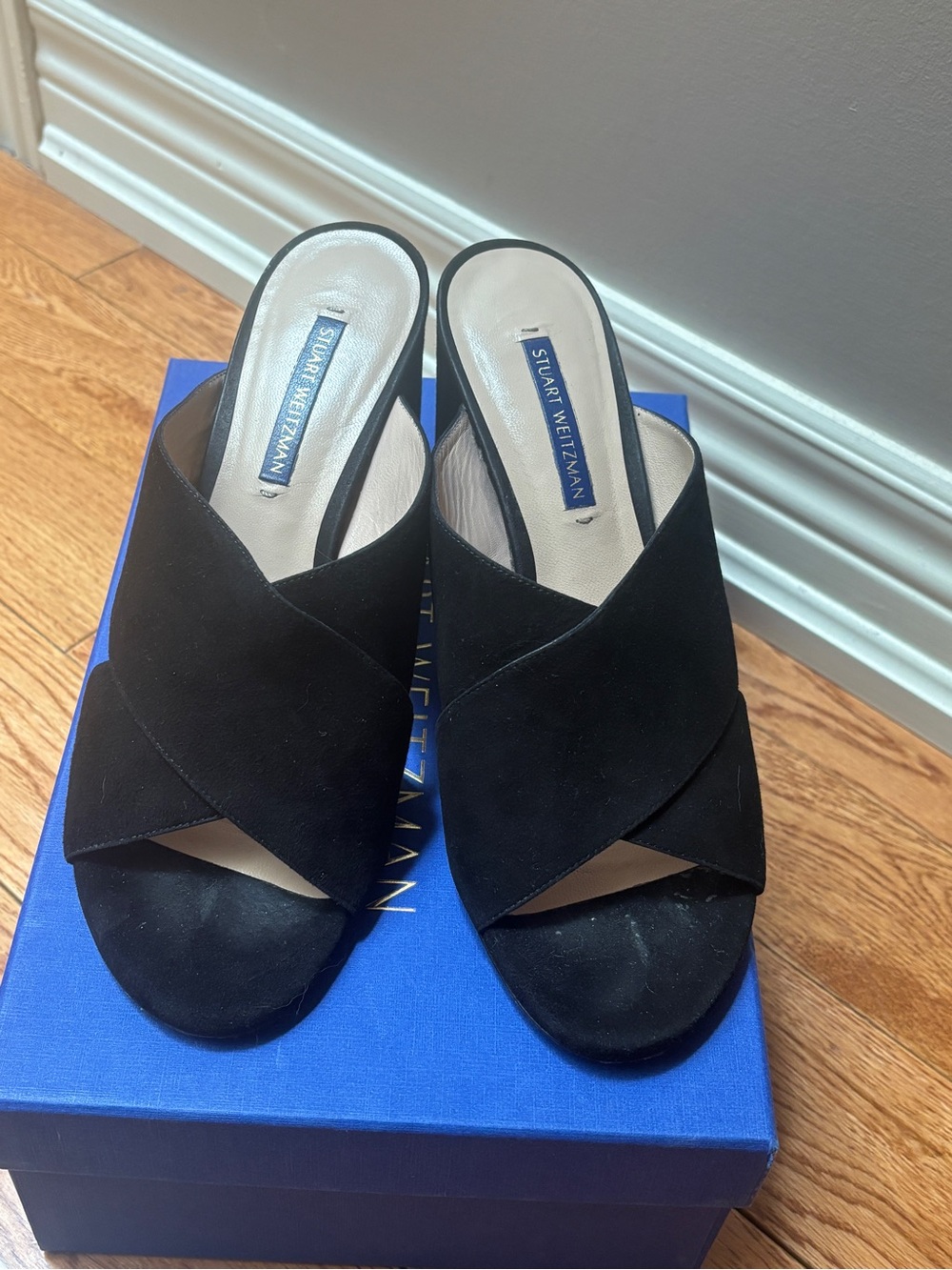 Stuart Weitzman Black Suede Crisscross Mule Slides